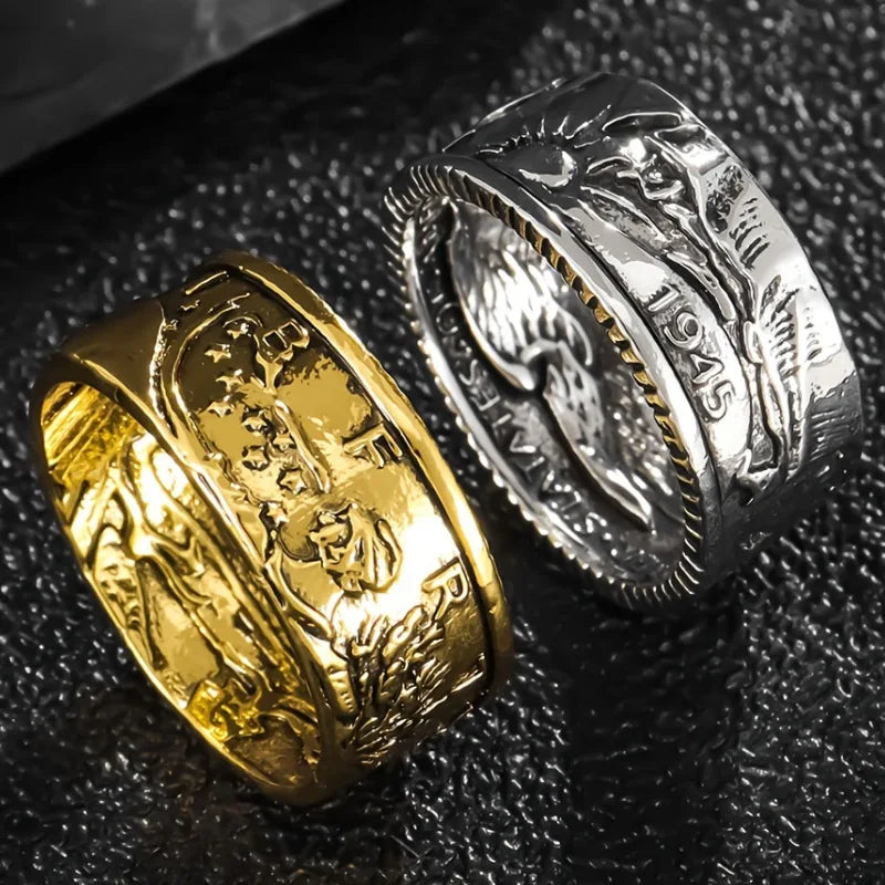 Punk Retro Style Rings for Men Personality Metal Finger Rings Make Old Silver Color Imitation of 1945 Half Dollar Design Ring