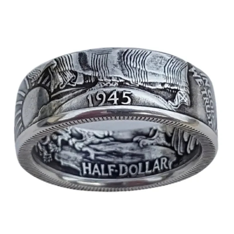 Punk Retro Style Rings for Men Personality Metal Finger Rings Make Old Silver Color Imitation of 1945 Half Dollar Design Ring