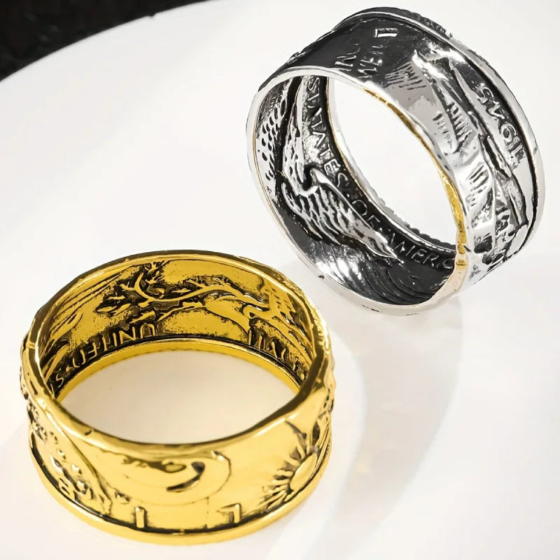 Punk Retro Style Rings for Men Personality Metal Finger Rings Make Old Silver Color Imitation of 1945 Half Dollar Design Ring
