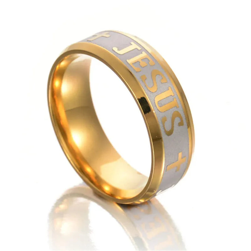 QianBei 8MM 316L Stainless Steel Ring Cross I Love Jesus Women Men Wedding Party Xmas Gifts