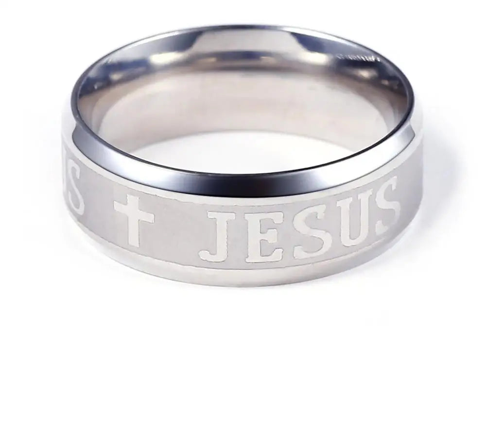 QianBei 8MM 316L Stainless Steel Ring Cross I Love Jesus Women Men Wedding Party Xmas Gifts