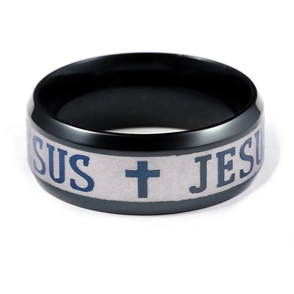 QianBei 8MM 316L Stainless Steel Ring Cross I Love Jesus Women Men Wedding Party Xmas Gifts