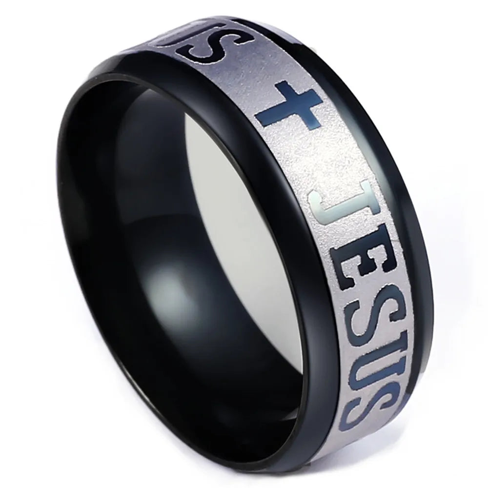 QianBei 8MM 316L Stainless Steel Ring Cross I Love Jesus Women Men Wedding Party Xmas Gifts