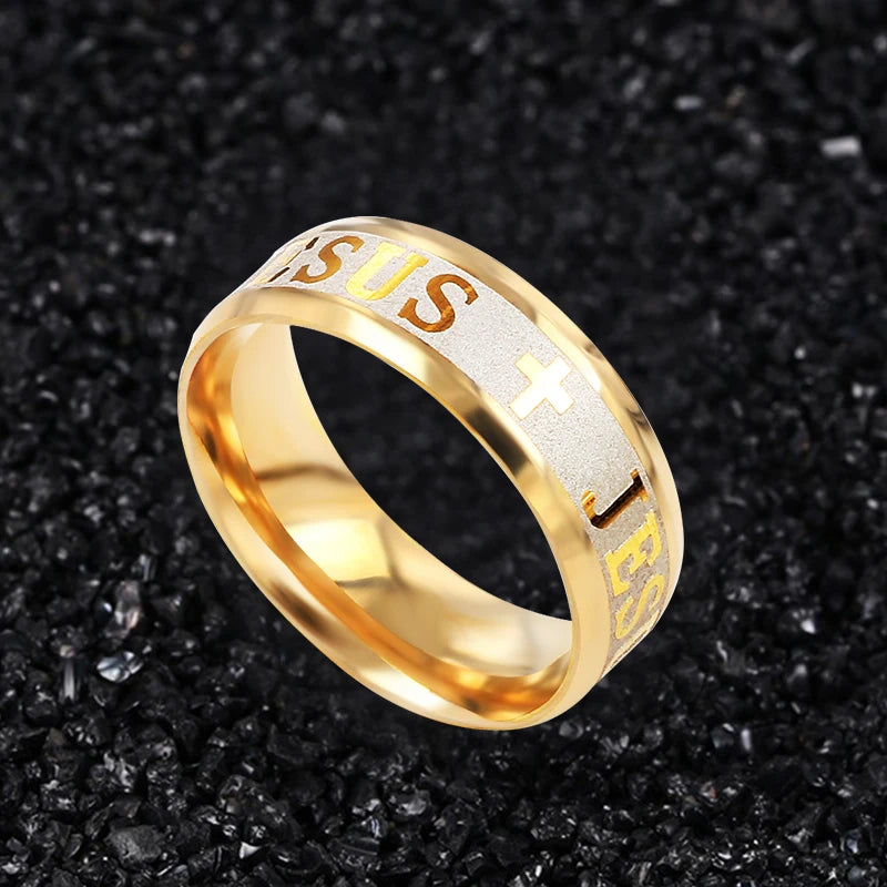 QianBei 8MM 316L Stainless Steel Ring Cross I Love Jesus Women Men Wedding Party Xmas Gifts