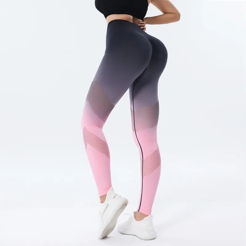 Quick drying hollow gradient color lifting buttocks long yoga pants for women seamless high waist yoga fitness pants leggings