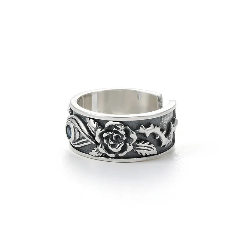 Retro Blue Horus Eye Rose Ring For Men Silver Color Punk Gothic Adjustable Ring Handmade Unisex Jewelry Accessories Lovers Gift
