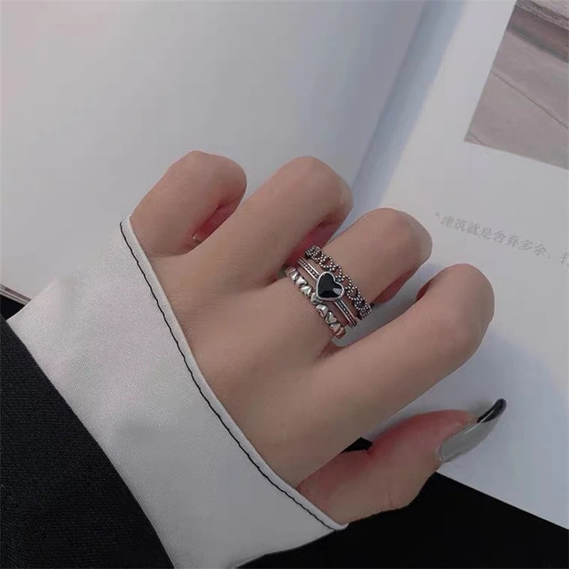 Retro Carved Three Layers Heart Ring Jewelry Open Adjustable Anneaux for Men Women Creative Anillos Anel Trend Accessories Gift