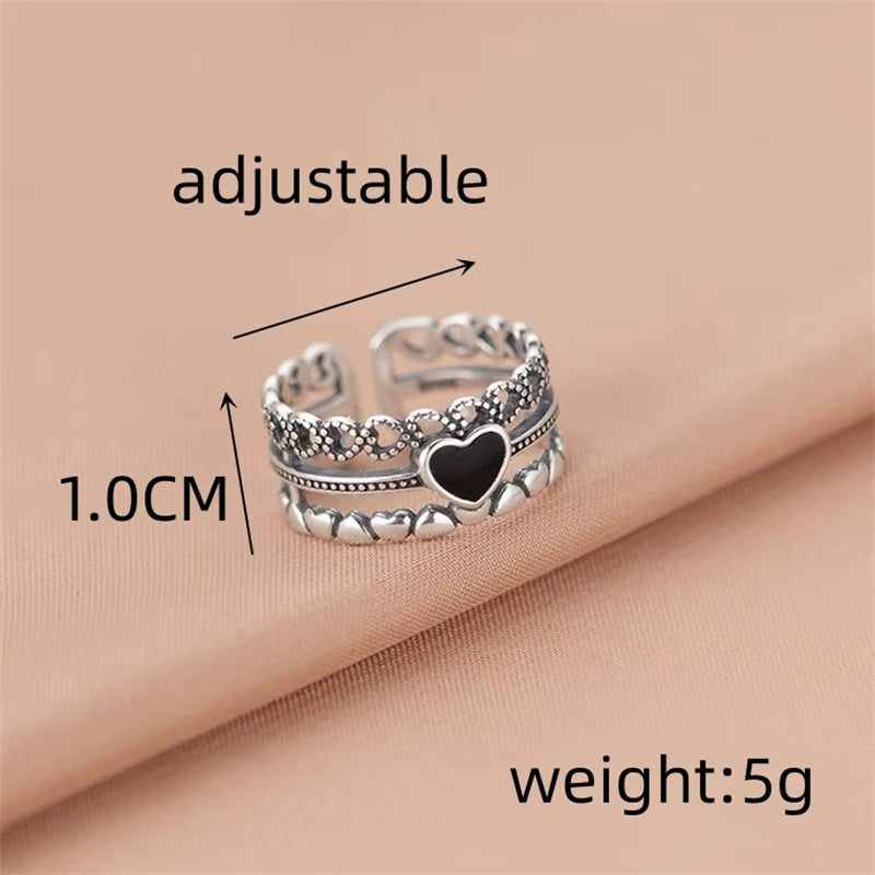 Retro Carved Three Layers Heart Ring Jewelry Open Adjustable Anneaux for Men Women Creative Anillos Anel Trend Accessories Gift