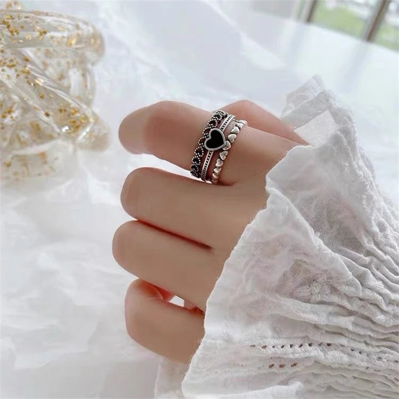 Retro Carved Three Layers Heart Ring Jewelry Open Adjustable Anneaux for Men Women Creative Anillos Anel Trend Accessories Gift