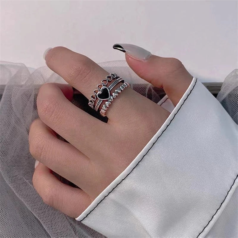 Retro Carved Three Layers Heart Ring Jewelry Open Adjustable Anneaux for Men Women Creative Anillos Anel Trend Accessories Gift
