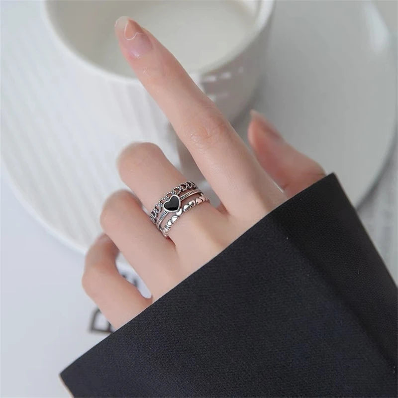 Retro Carved Three Layers Heart Ring Jewelry Open Adjustable Anneaux for Men Women Creative Anillos Anel Trend Accessories Gift