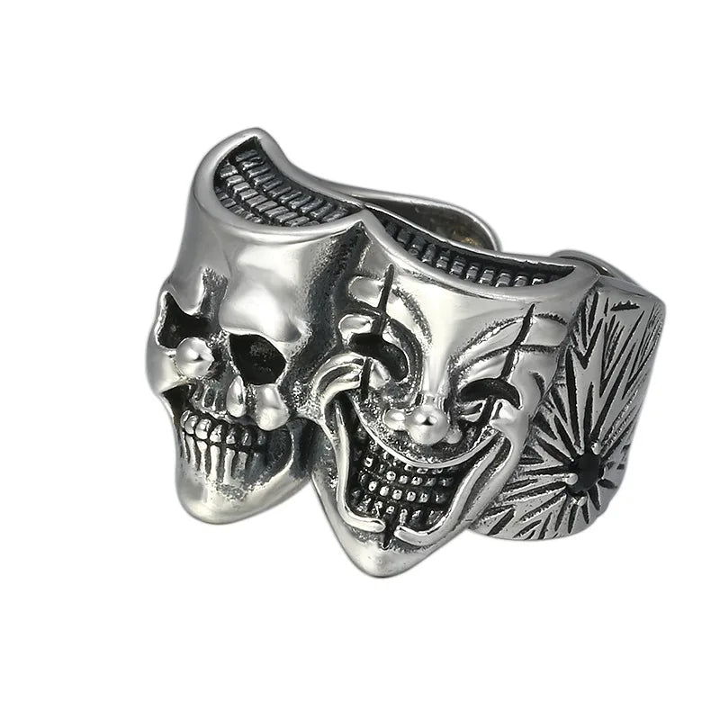 Retro Two Face Joker Ring For Men Silver Color Punk Gothic Adjustable Ring Rock Handmade Hiphop Unisex Jewelry Accessories Gift