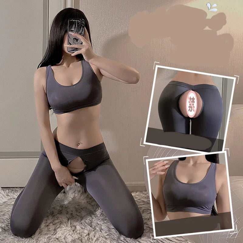 Summer Women's Crop Top Open range sports pants no need to take off couple flirting yoga pants sexy Tank Tops sweat pants Set