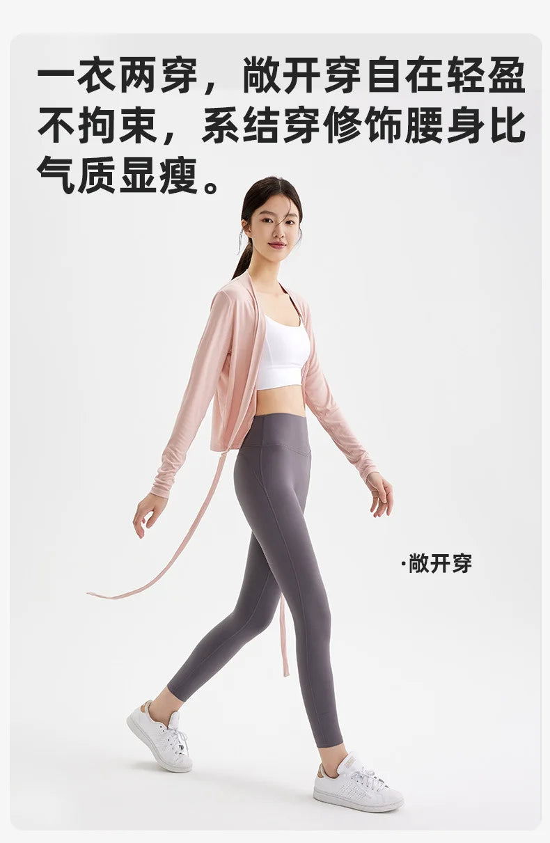 Long Sleeve Loose Sports Shirts Women Gym Yoga Fitness Breathable Two-wear Design Hem Strap Top Soft Comfortable Workout Coat
