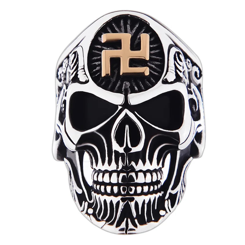 Mf Ghost Punk Doom Swastika Symbol Skull Misika Ring Size 14 Stainless Skeleton Big Rings For Men Svastika Head Of State