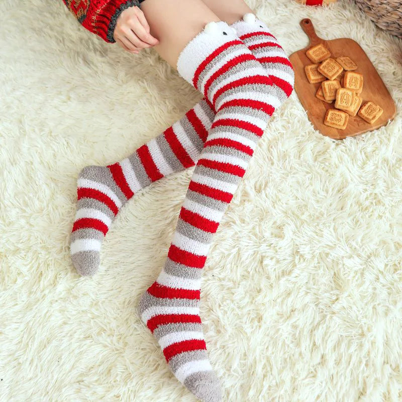 1 paire mode fille mignon hiver rayé corail velours longues chaussettes chaud genou longueur chaussettes mignon ours mouton maison serviette bas