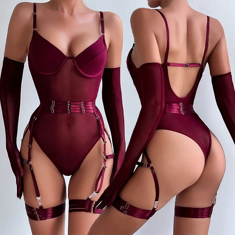 Black Tight Fitting Lace Bodysuit See Through sexy lingerie erotic woman Body With Gloves Garter Outfit Sissy baby doll Bra Set