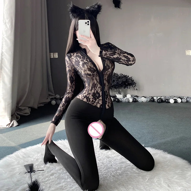 Sexy Bodysuit Lace Perspective Secretary Zipper Opening Non Detachable One Piece Erotic Woman Lingeries Sexy Femme Yoga Pants