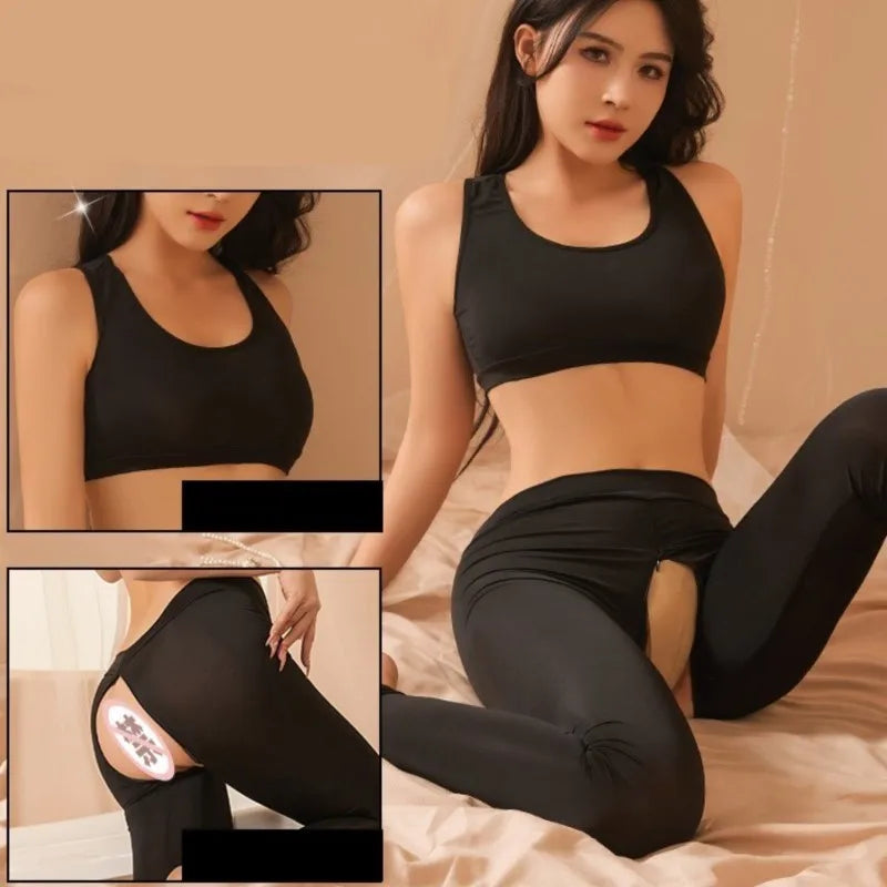 Summer Women's Crop Top Open range sports pants no need to take off couple flirting yoga pants sexy Tank Tops sweat pants Set