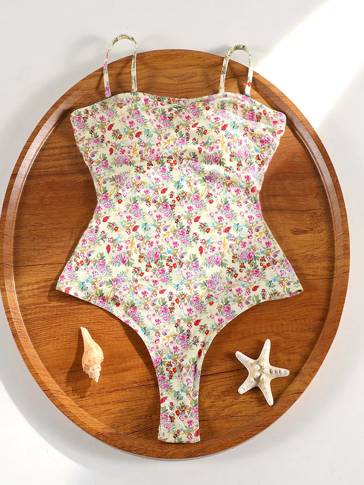 Miyouj Women's One Piece Suits Floral Printed Swimsuits Push Up Swimwear 2025 Bathing Suit Bandage Swimsuit High Cut Beachwear