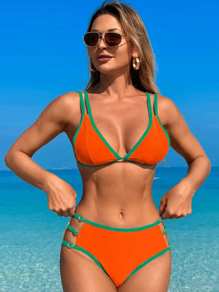 Miyouj Solid Bikinis Hollow Out Swimsuit 2025 Swimwear For Women Triangle Bathing Suit Bordered Biquini Mujer Bandage Beach Wear