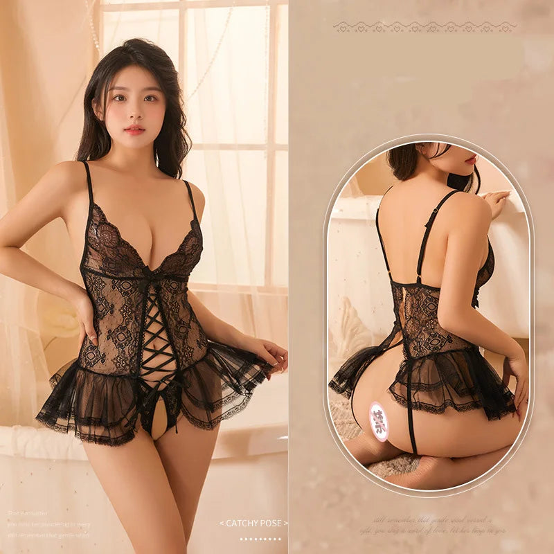 Sexy lingerie Black Underwear Women Lace Hollow Bra Set Erotic Costume Teddy Baby Doll Dress Deep V Open Bra Porn Lingerie Set