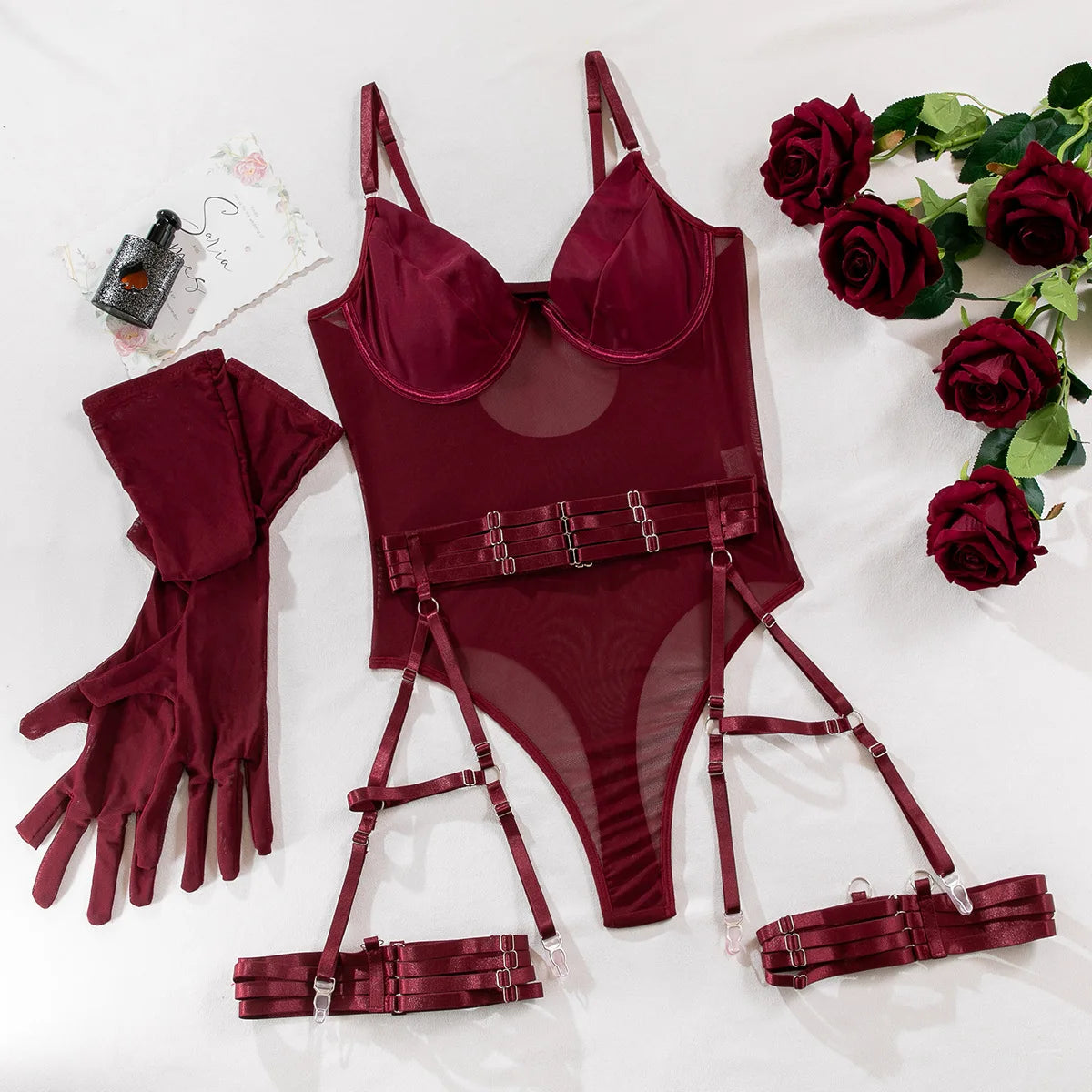 Black Tight Fitting Lace Bodysuit See Through sexy lingerie erotic woman Body With Gloves Garter Outfit Sissy baby doll Bra Set