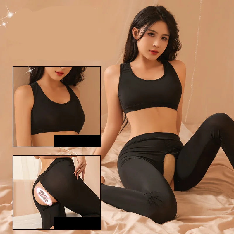 Summer Women's Crop Top Open range sports pants no need to take off couple flirting yoga pants sexy Tank Tops sweat pants Set
