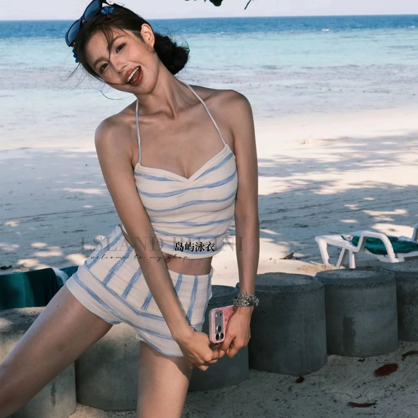 Halter Neck Striped Bikini Set - Blue & White