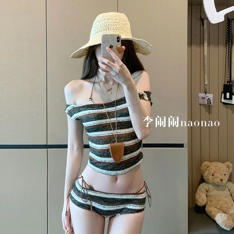 Striped knit one shoulder bikini set