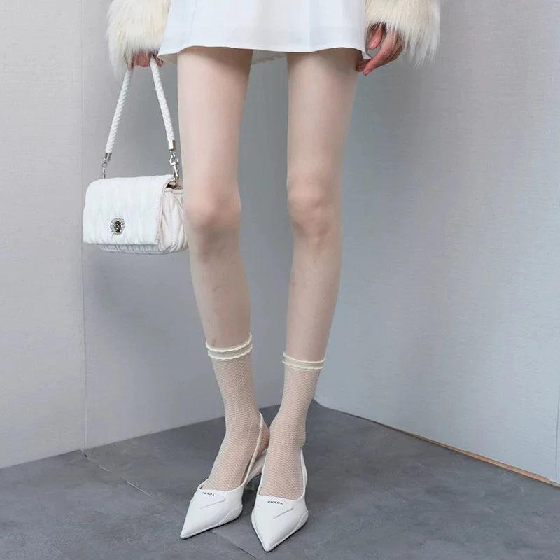 Sheer Grey and Cream Stockings with Striped Cuffs for Women