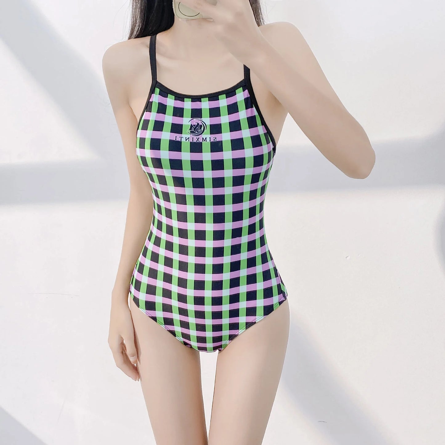Red Plaid One Piece Swimwear High Elasticity Speed Suit
