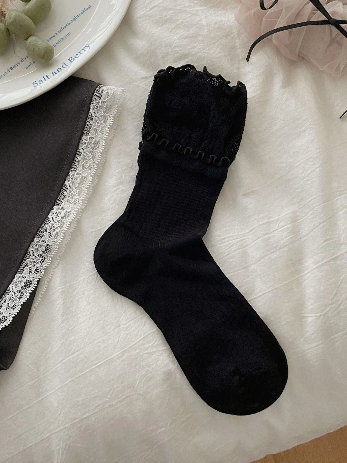 Lace Trim Ballet Style Mid Calf Socks for Women Pure Cotton