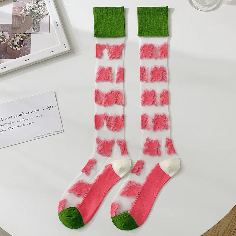 Floral Sheer Knee High Socks for Women - Navy & Pink Lace Cotton