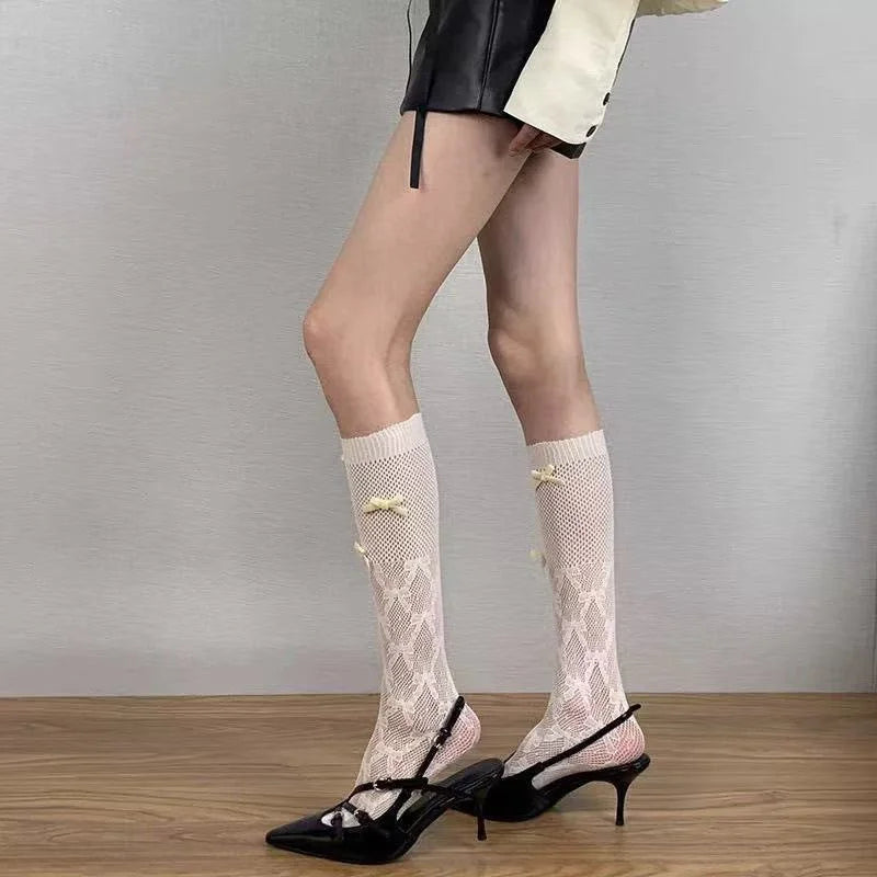 Ballet Style Mesh Mid-Calf Socks with Bow - Summer Sheer Stockings