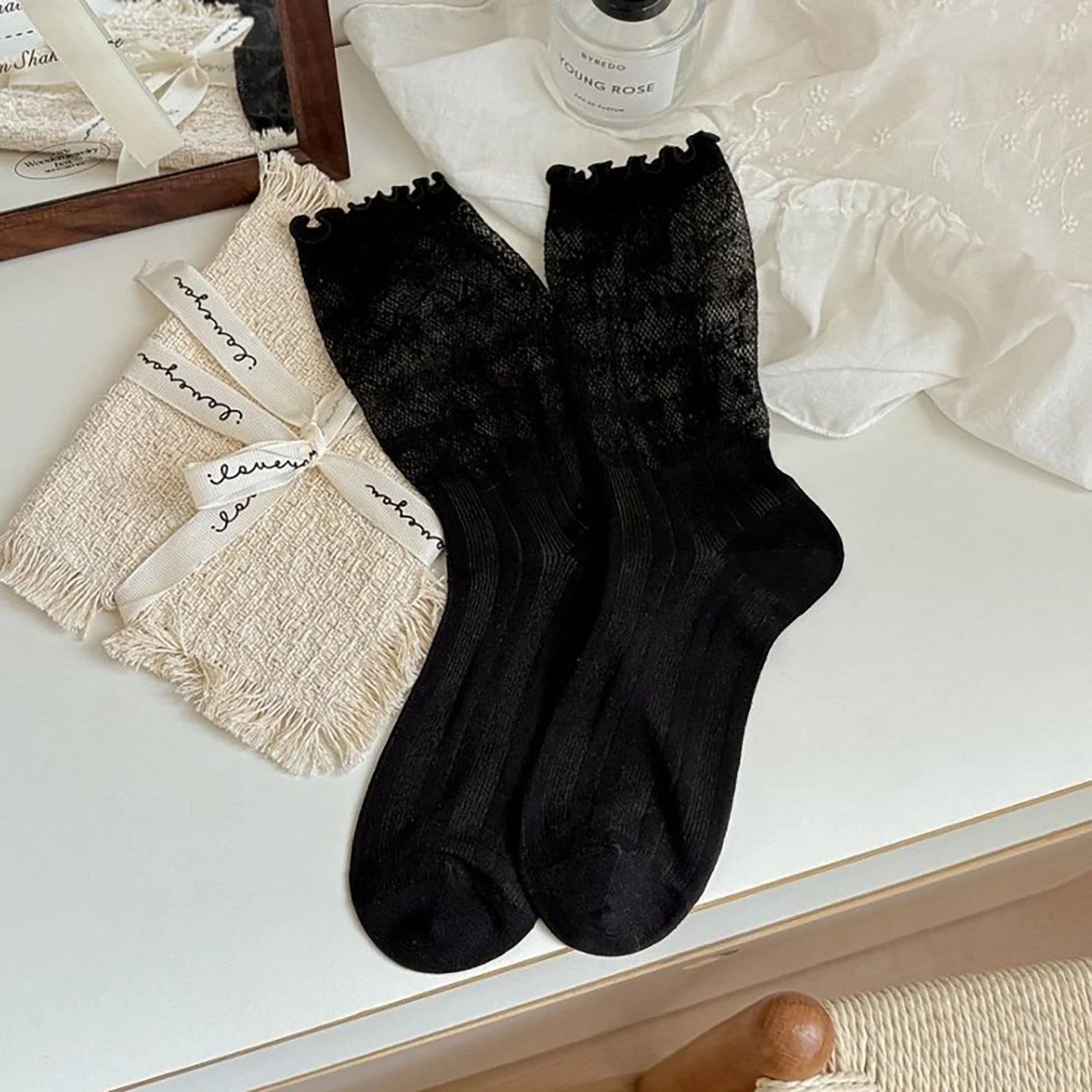 White Lace Ruffle Ankle Socks Women - Sheer Breathable Ballet Style