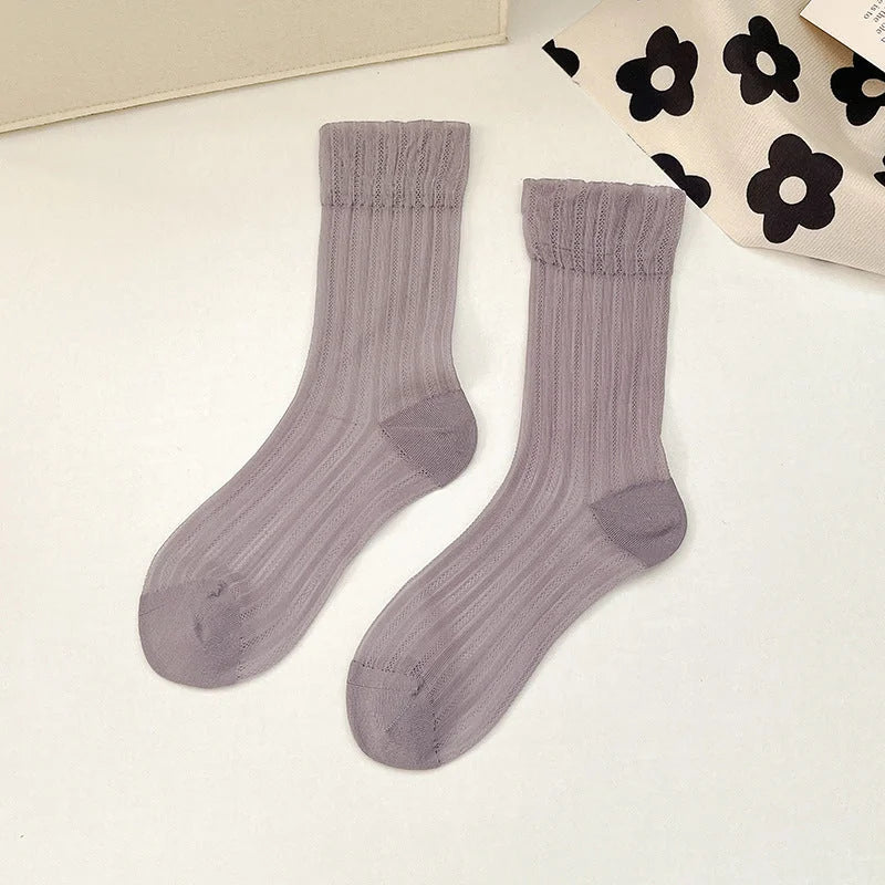 Breathable Mid Calf Sheer Socks for Women - Summer Thin Ribbed Crew Socks