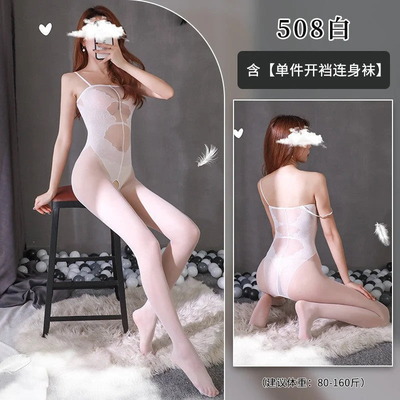Transparent Fishnet Open Crotch Lingerie Set with Matching Stockings