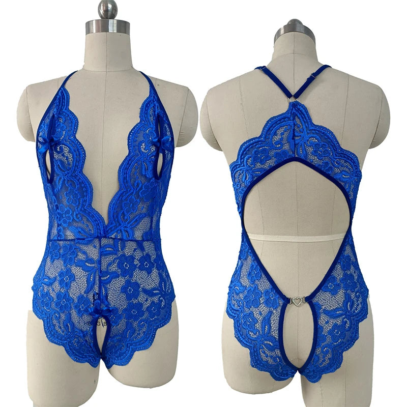 One Piece Crotchless Women Lingerie Lace Bodysuit Erotic Costumes Teddy Dress Body Suits Sexy Dress V Open Bra Porn Underwear