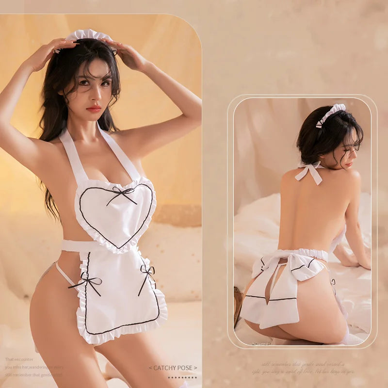 Erotic lingerie Love shaped maid outfit Dresses open strap backless bow Cosplay Adult woman disguise role play outfit pajamas