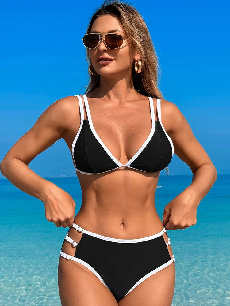 Miyouj Solid Bikinis Hollow Out Swimsuit 2025 Swimwear For Women Triangle Bathing Suit Bordered Biquini Mujer Bandage Beach Wear