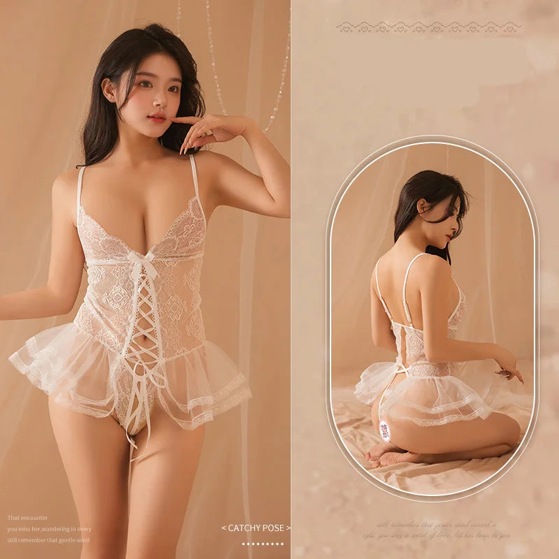 Sexy lingerie Black Underwear Women Lace Hollow Bra Set Erotic Costume Teddy Baby Doll Dress Deep V Open Bra Porn Lingerie Set