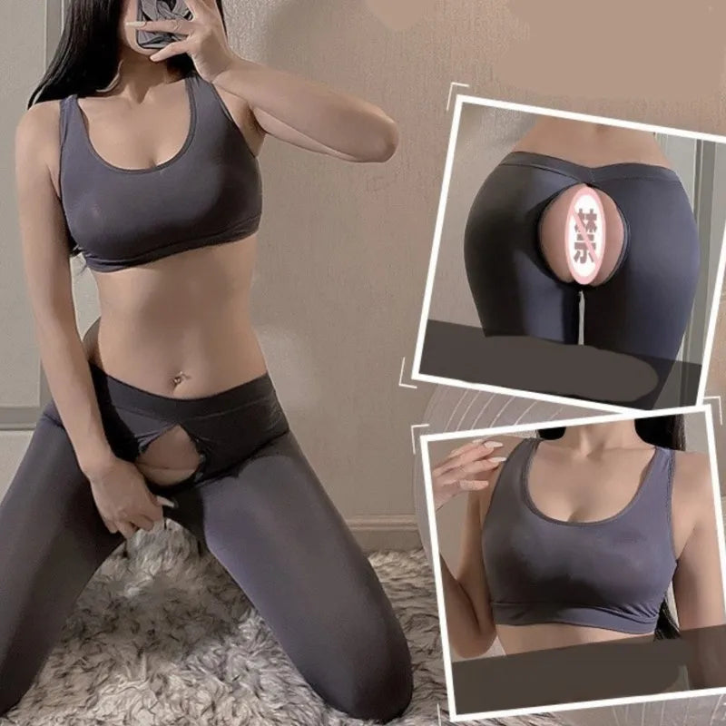 Summer Women's Crop Top Open range sports pants no need to take off couple flirting yoga pants sexy Tank Tops sweat pants Set