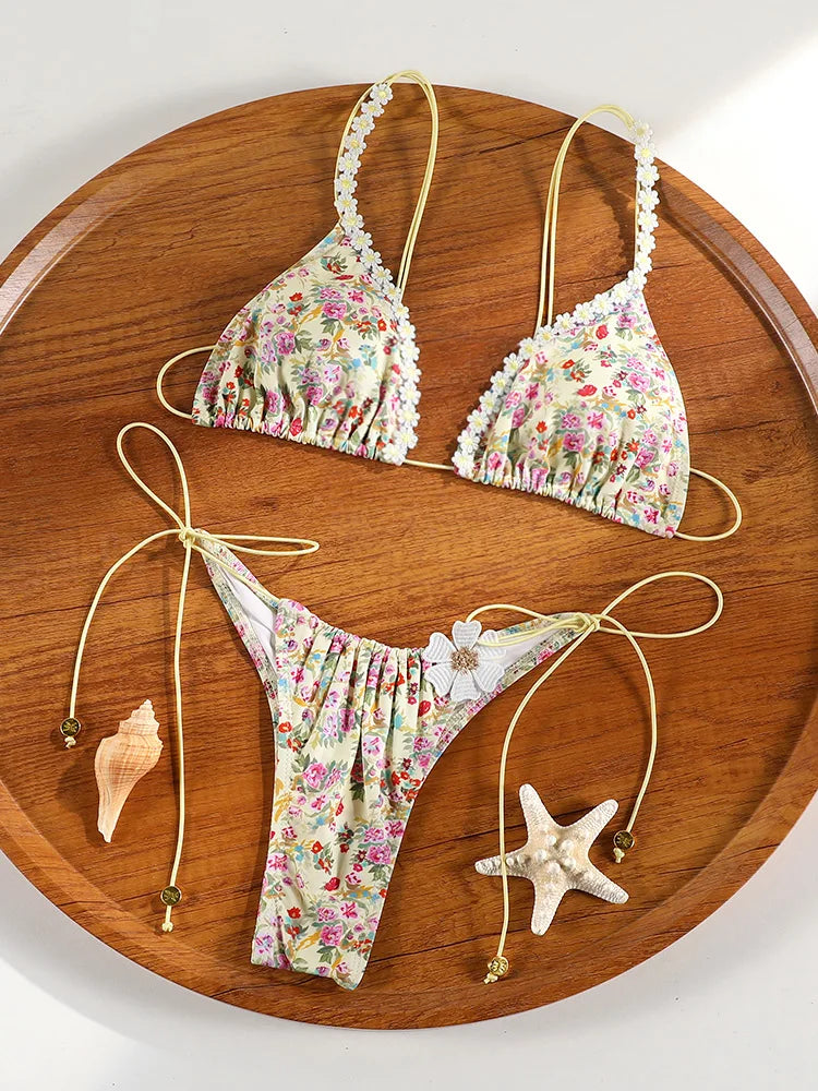 Miyouj Floral Print Bikini Sets Female Bathwear Bordered Swimsuits 2025 New Two-Piece Set Triangle Bathsuits Sexy Swimwear