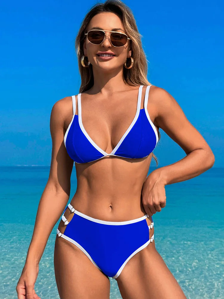 Miyouj Solid Bikinis Hollow Out Swimsuit 2025 Swimwear For Women Triangle Bathing Suit Bordered Biquini Mujer Bandage Beach Wear