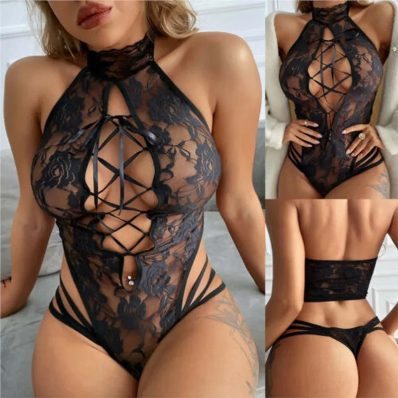 Lingeries Sexy Femme Sexy Sleepwear Set And Tight Fitting Lace Pattern Hollowed Out Integrated Underwear Erotic Thong Sex Shop