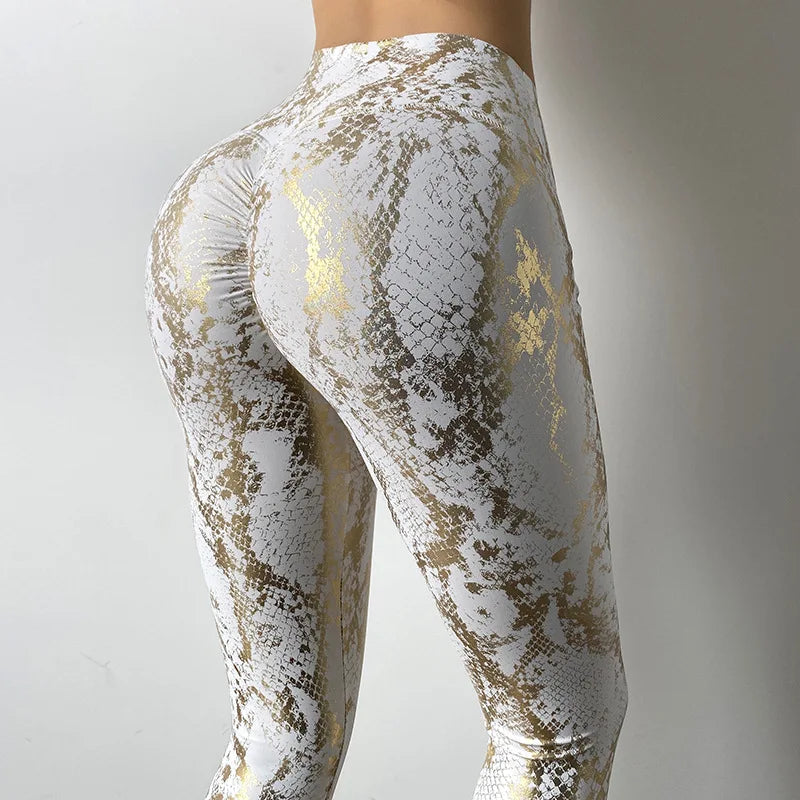 Snake Print Glitter Elastic Women Leggings Tights Bubble Butt Lift Sexy High Waist Yoga Pants Fitness Push Up Gym Sports Pants
