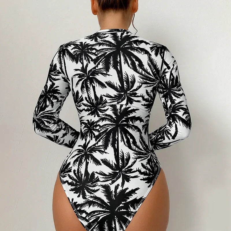 Women Summer Printed Swimsuit Fashionable High Waisted Long Sleeved Swimsuit Sexy Tight Fitting Quick Drying One Piece Swimsuit