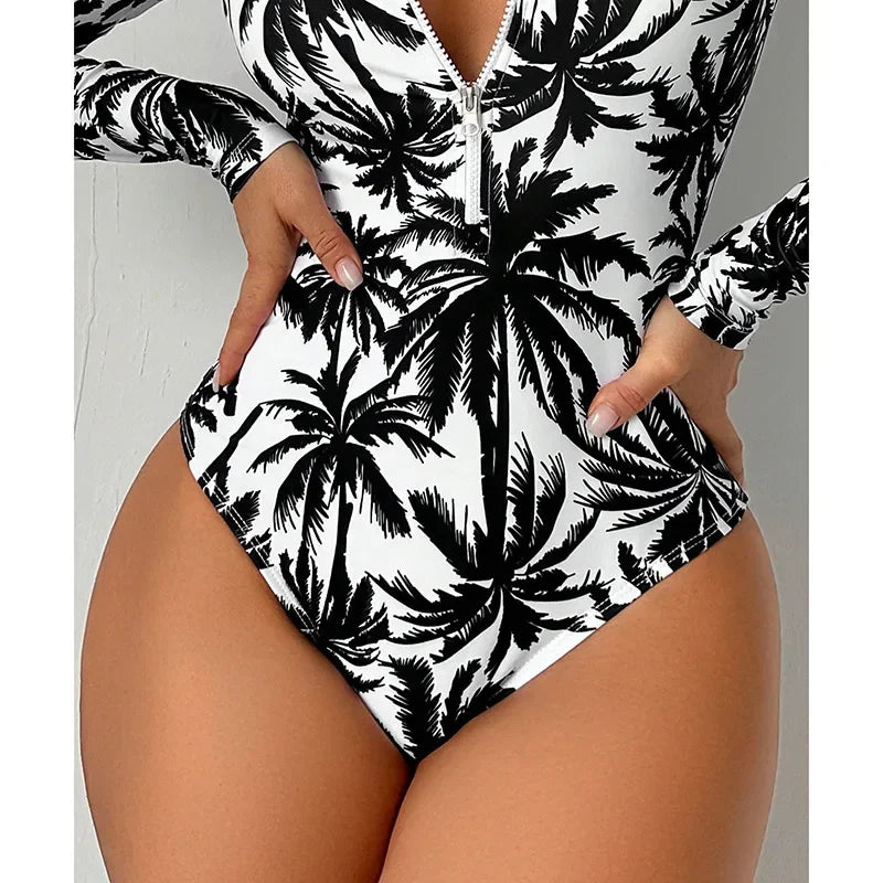 Women Summer Printed Swimsuit Fashionable High Waisted Long Sleeved Swimsuit Sexy Tight Fitting Quick Drying One Piece Swimsuit