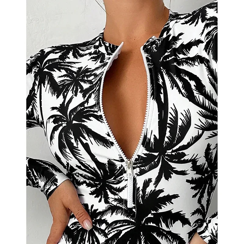 Women Summer Printed Swimsuit Fashionable High Waisted Long Sleeved Swimsuit Sexy Tight Fitting Quick Drying One Piece Swimsuit